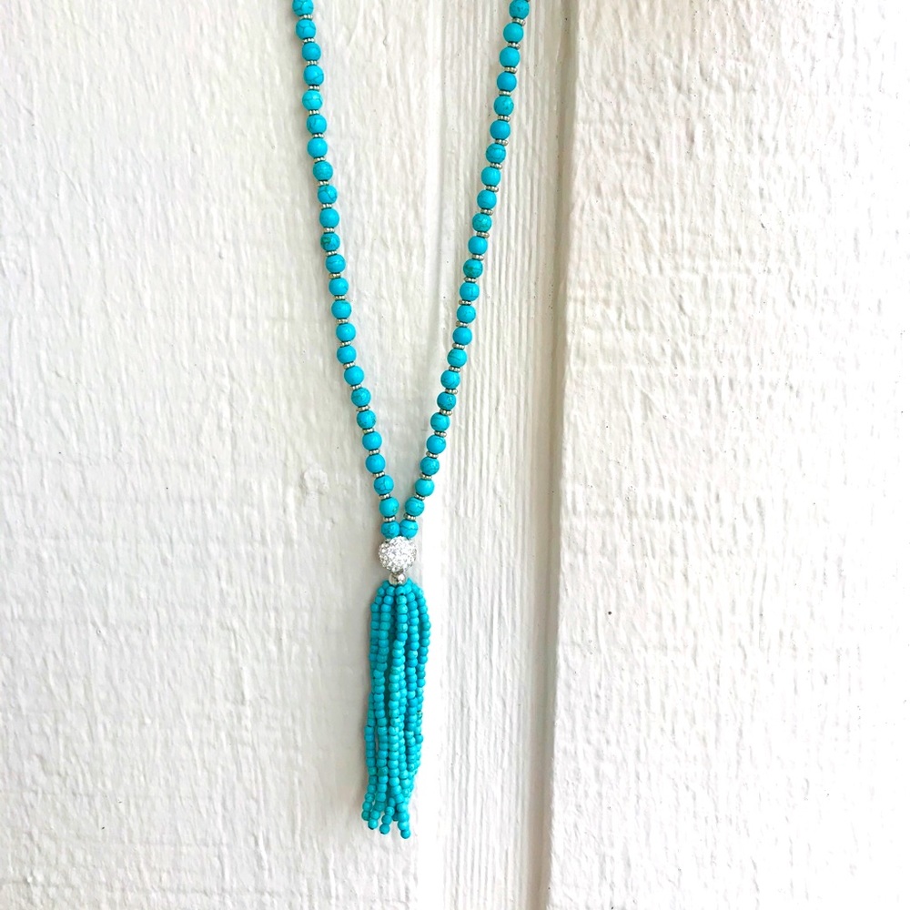 Turquoise beaded tassel necklace